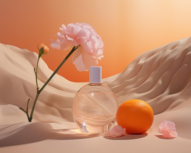 бутылка макета персиковой розовой воды рядом с лимонным листом