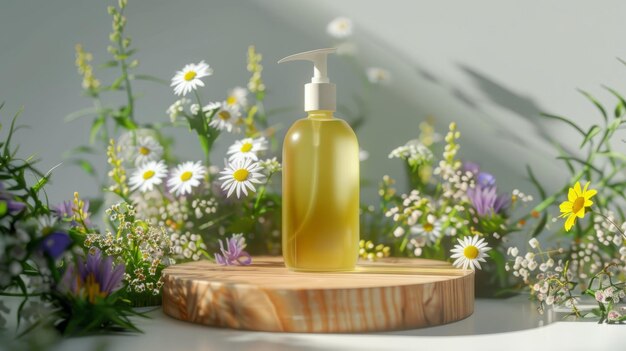 Bottle mockup on a wooden podium and wild flowers filling