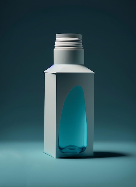 A bottle of mouthwash sits on a blue surface.