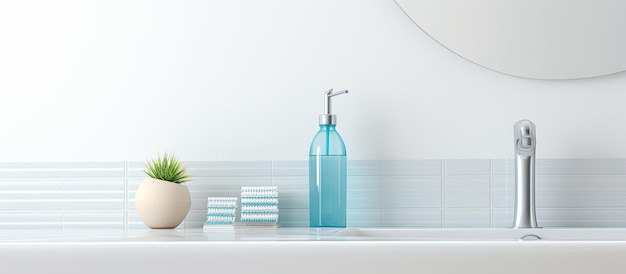 A bottle of mouthwash toothbrushes and dental floss are arranged neatly on a white countertop