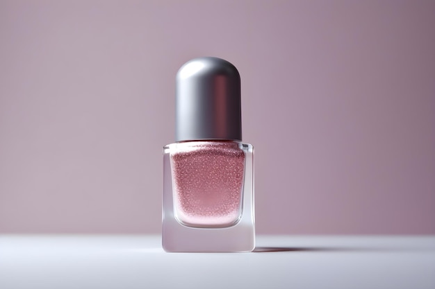 A bottle of nail polish with a pink background