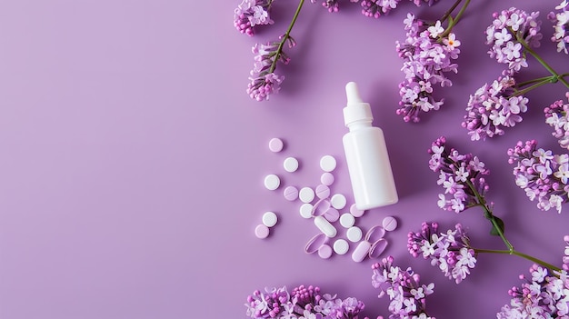 a bottle of nail polish with purple flowers and a bottle of spray