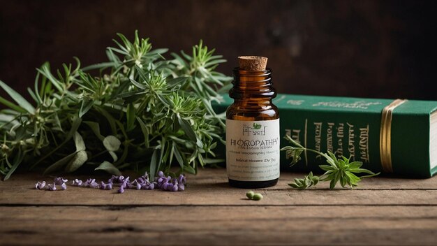 Photo a bottle of natural medicine sits on a wooden table