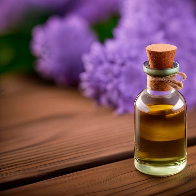 Foto bottiglia di olio naturale su un tavolo di legno prodotti per la cura della bellezza della lavanda routine di bellezza per la cura della pelle