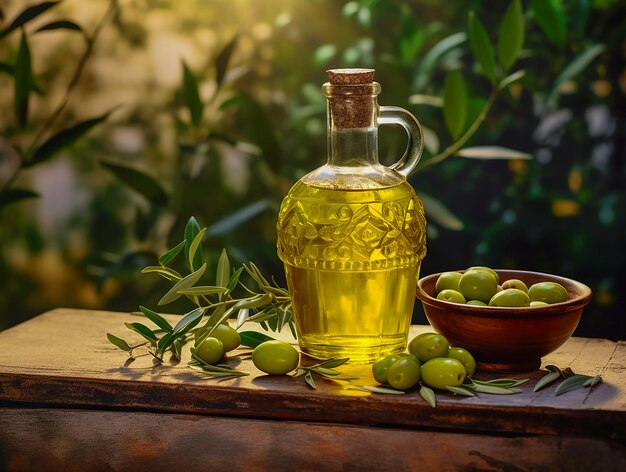 Photo a bottle of natural olive oil and olives on the background of an olive garden in greece