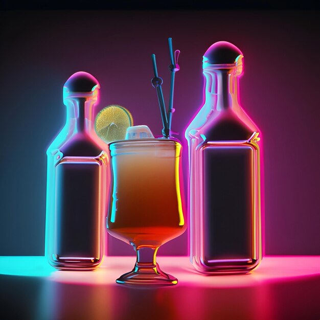 Bottle in neon light background