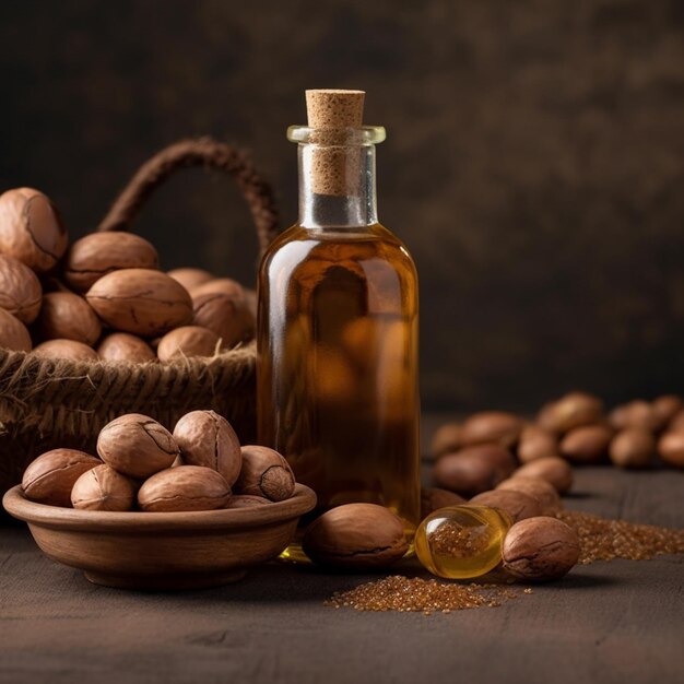 A bottle of nuts next to a basket of peanuts