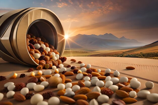 A bottle of nuts is opened to a container with the sun setting behind it.