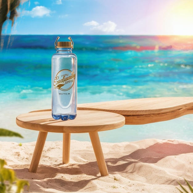 a bottle of ocean water sits on a table