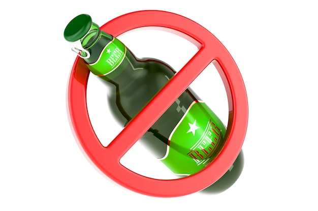 Фото Бутылка пива внутри запрещенного знака концепция запрета алкоголя 3d рендеринг