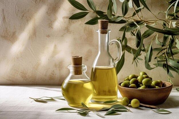 Фото Бутылка оливкового масла и оливков на светлом деревенском и каменном фоне оливковое масло для приготовления пищи