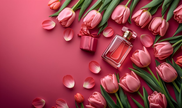 Фото Бутылка с ароматами и тюльпанами на розовом фоне весенняя плоская постель