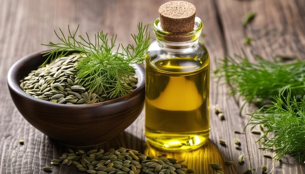 A bottle of oil and a bowl of seeds on a wooden table