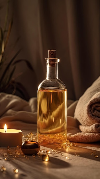 A bottle of oil next to a candle and a candle