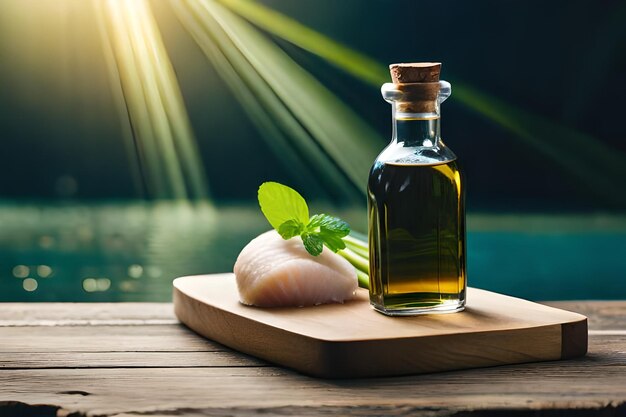 a bottle of oil next to an eggplant and a bottle of oil.