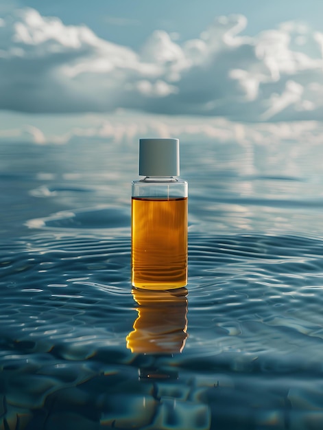 A bottle of oil floating on top of a body of water with a sky background and clouds in the