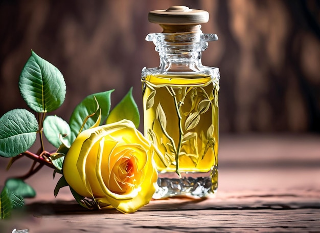 Photo a bottle of oil next to a flower and a yellow rose.