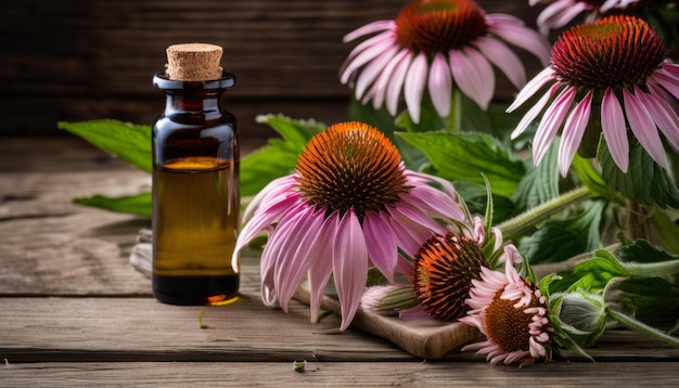 Photo bottle of oil next to flowers