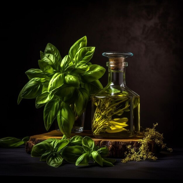 a bottle of oil and a plant with a plant in it