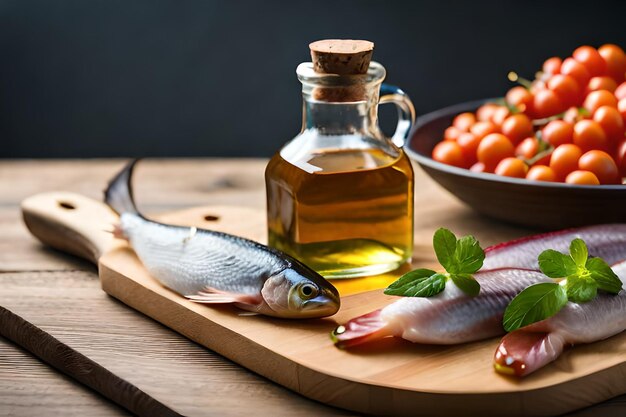 オリーブオイルのボトルと食べ物のプレートの隣にあるオイルの瓶.