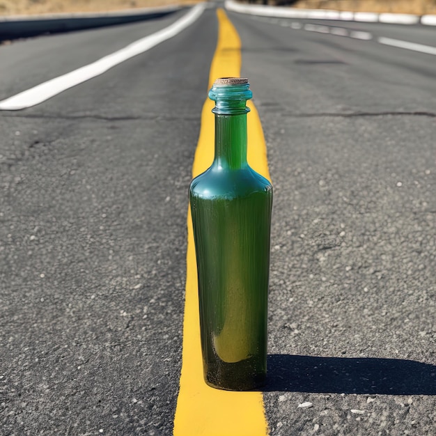 도로에 있는 기름 병, 길 위에 있는 빈 도로 위의 기름 병