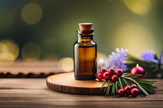 A bottle of oil with berries on a wooden table