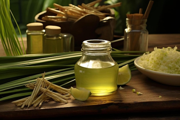 a bottle of oil with a lemon on the top.