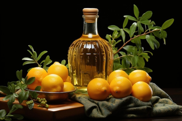 bottle of oil with lemons near