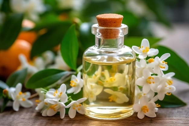 a bottle of oil with oranges and leaves