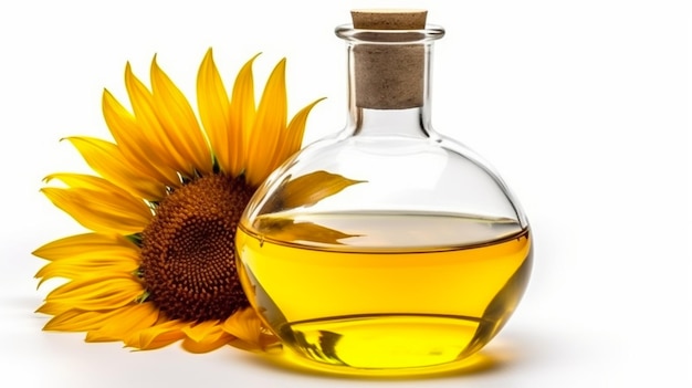 a bottle of oil with a sunflower on the top.