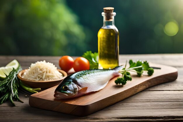 A bottle of oil with vegetables and rice on a wooden table