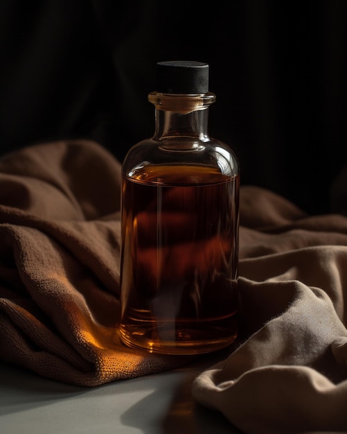 Bottle of oils on top of a towel in the style of dark brown and light amber Generative AI image