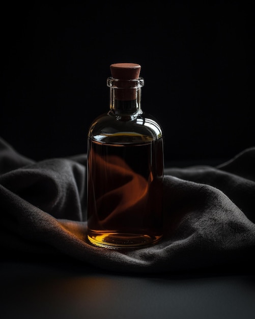 Bottle of oils on top of a towel in the style of dark brown and light amber Generative AI image