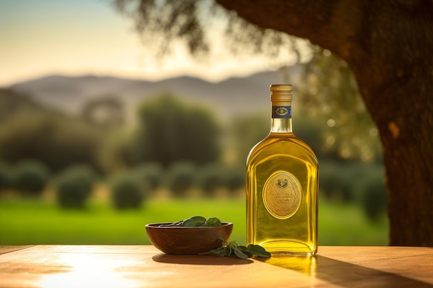 A bottle of olive oil next to a bottle of olive oil.