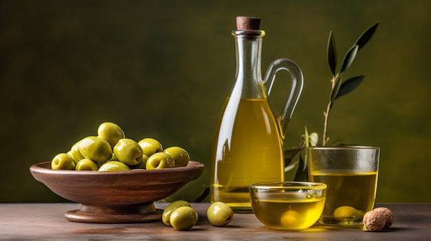 A bottle of olive oil next to a bowl of green oli