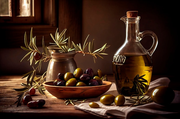 Bottle of olive oil next to a bowl of olives and sprigs of olives on a wooden table