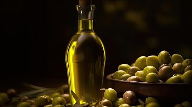 A bottle of olive oil next to a bowl of olives