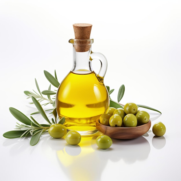 Бутылка оливкового масла рядом с миской оливок