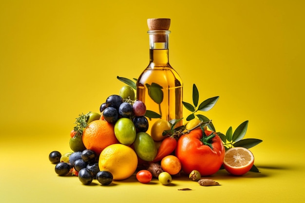 A bottle of olive oil next to a bunch of fruit