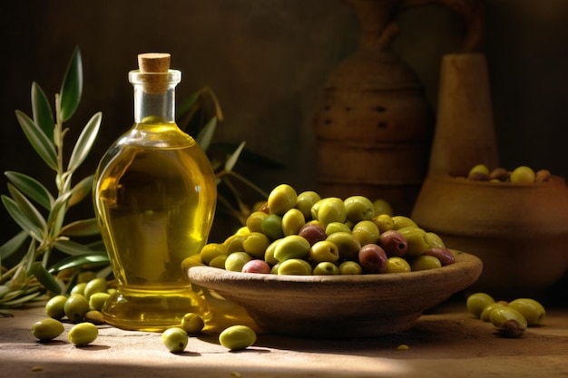 A bottle of olive oil next to a bunch of green ol