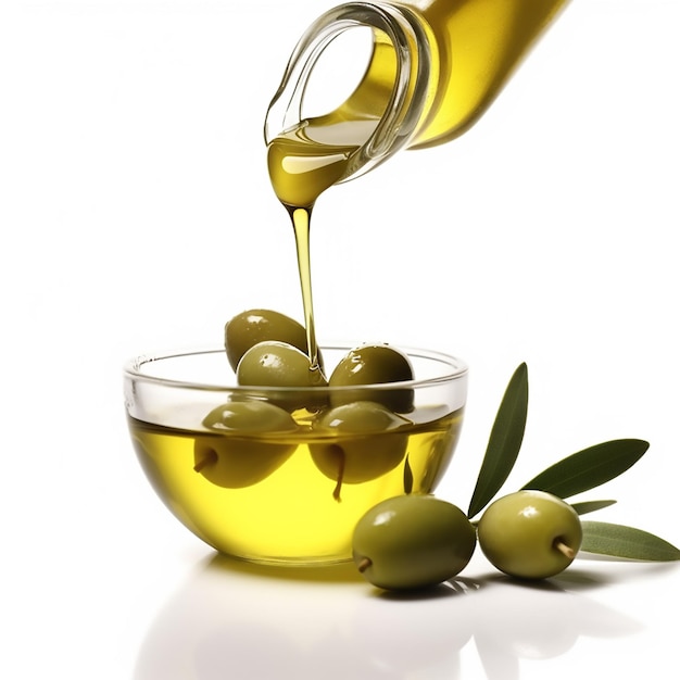 Photo bottle of olive oil next to a bunch of green olives
