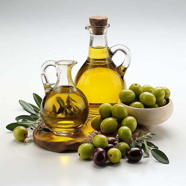 Photo bottle of olive oil next to a bunch of green olives