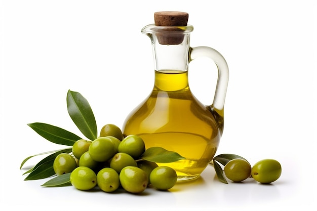 A bottle of olive oil next to a bunch of green olives.