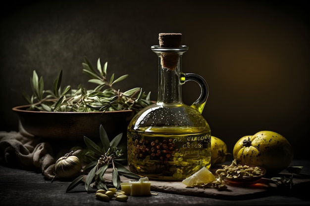 A bottle of olive oil next to a bunch of olives and a bowl of olives.