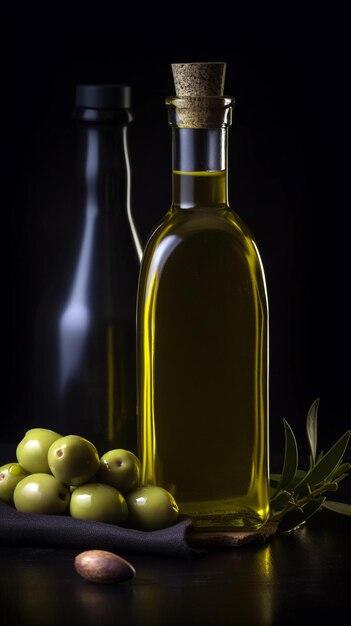 A bottle of olive oil next to a bunch of olives