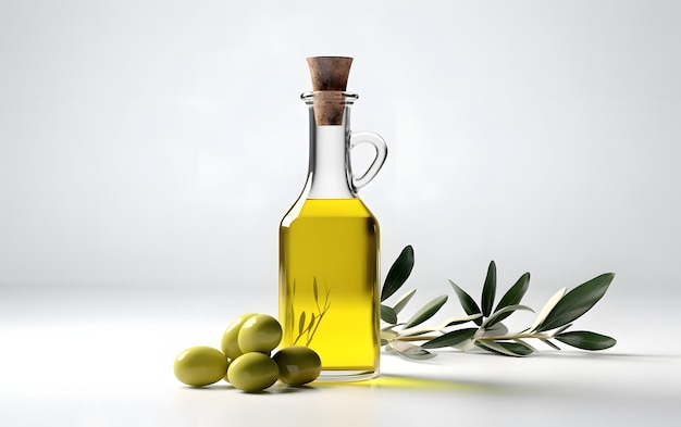 A bottle of olive oil next to a bunch of olives.