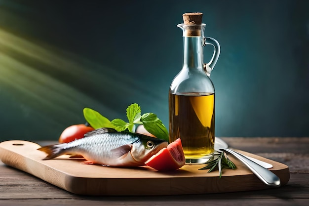 a bottle of olive oil next to a fish and vegetables.