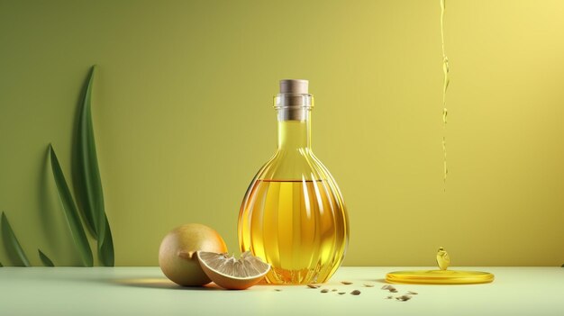 A bottle of olive oil next to a lemon slice.