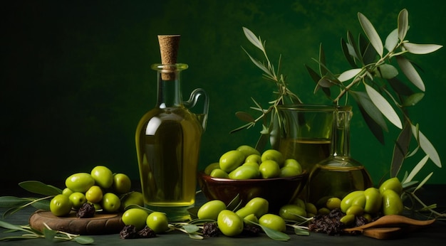 A bottle of olive oil and olives on a green table created with Generative AI technology