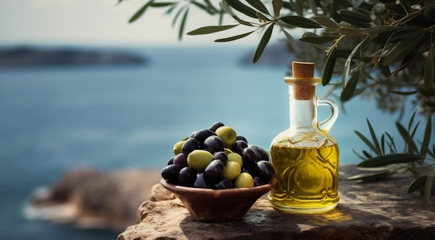 A bottle of olive oil and olives on a stone with a seascape in the background created using Generative AI technology